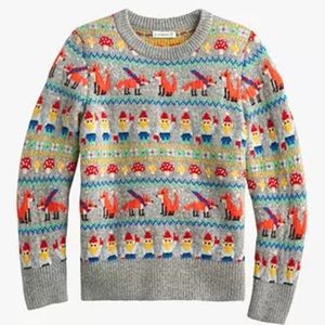 J Crew Kids Crewcuts Gray Sweater with Fox, Mushroom and Gnome pattern size 14